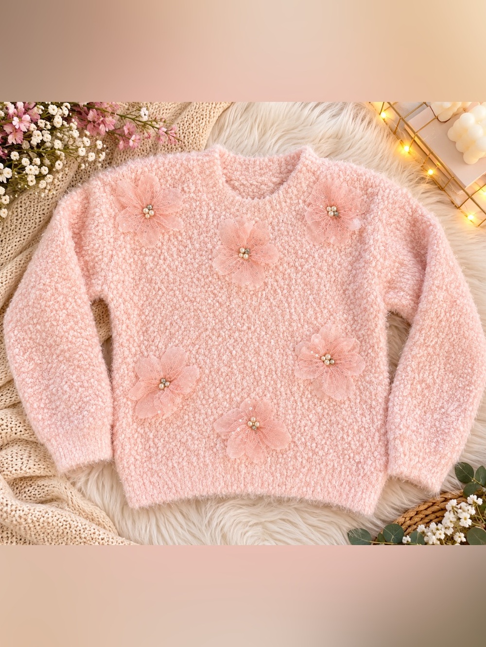Woolen designer winter sweater - Soft Pink Floral Appliqué Bouclé Sweater